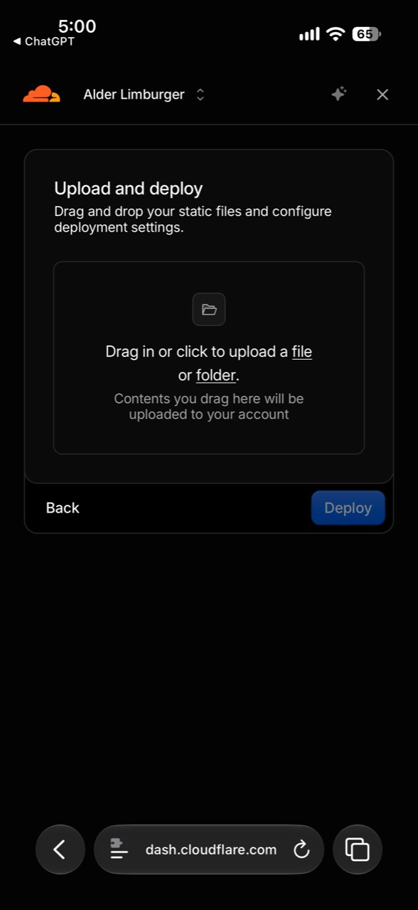 Upload and deploy screen showing separate file and folder links inside an empty upload area.