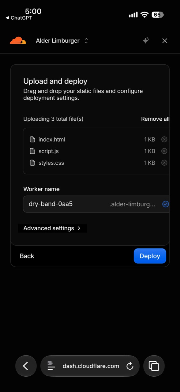 The completed static upload form with the blue Deploy button ready at the lower right.