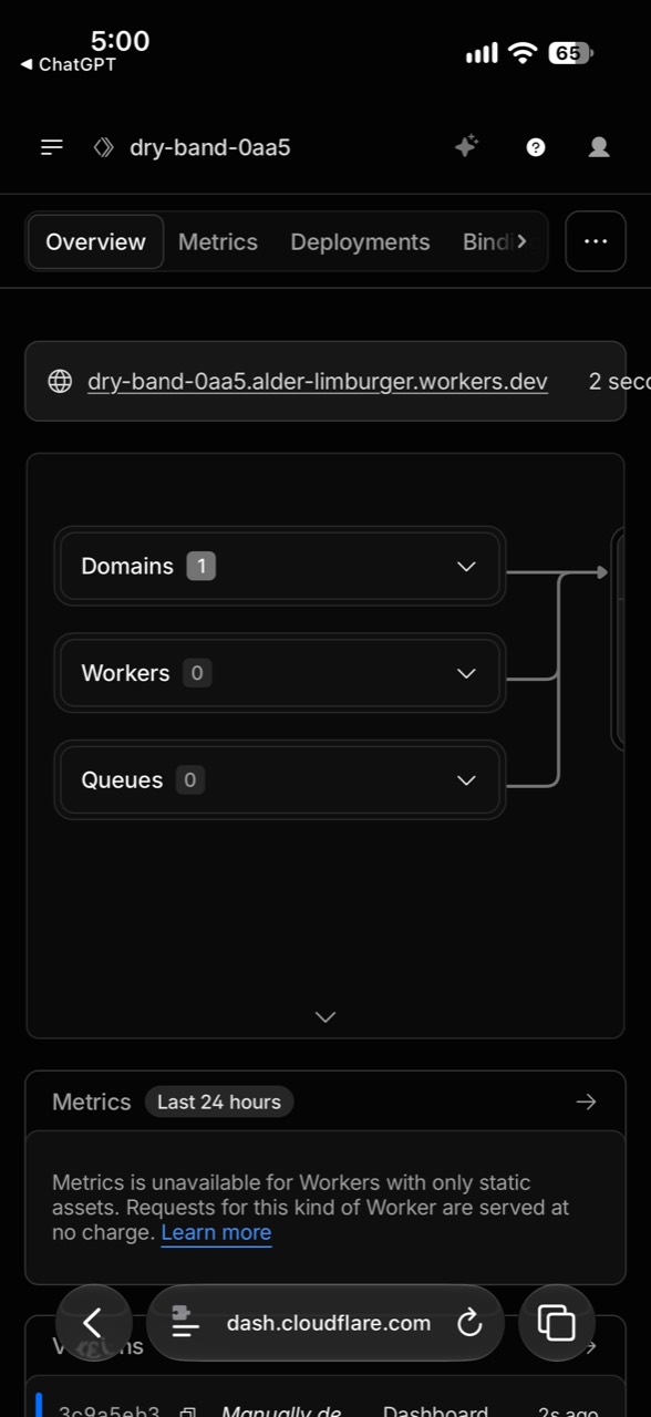 Cloudflare overview for dry-band-0aa5 with its clickable workers.dev address near the top.