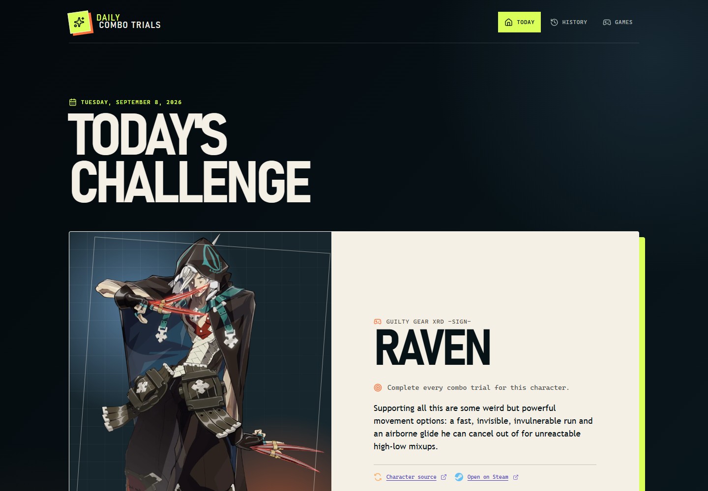 Daily Combo Trials showing its September 8 challenge: Raven from Guilty Gear Xrd SIGN, with character artwork and the daily practice instruction.