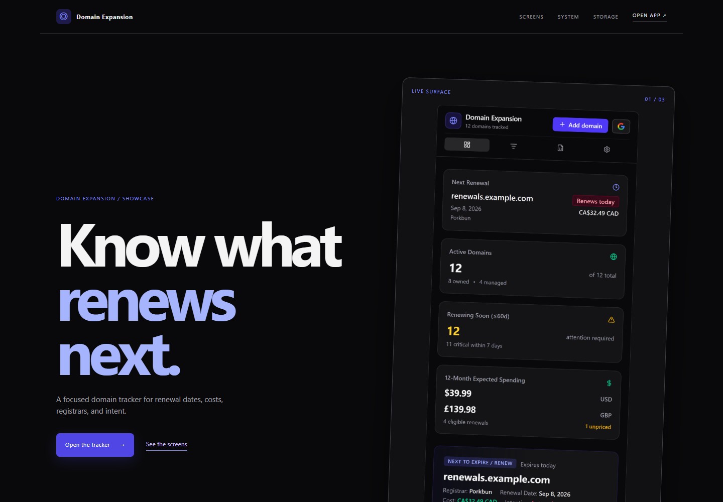 Domain Expansion's live showcase, with the headline Know what renews next and a preview of its domain renewal dashboard.
