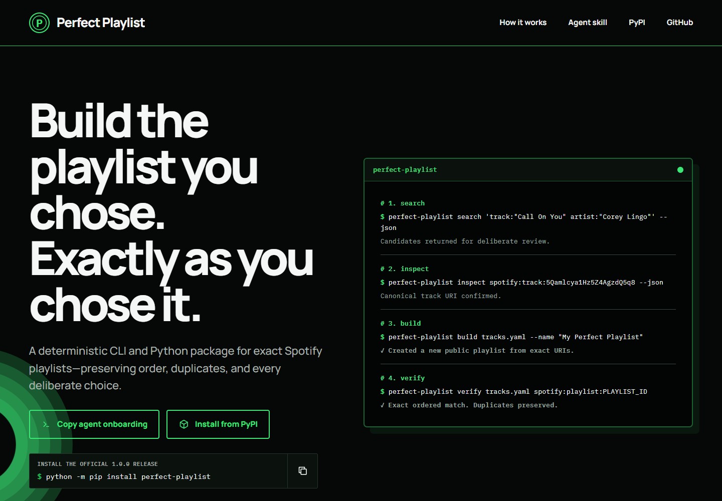 Perfect Playlist's live homepage, with the headline Build the playlist you chose and a command example showing search, inspect, build, and verify.
